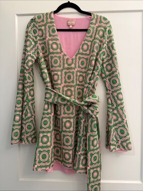 Show Me Your MuMu Pink and Green Crochet Wrap Dress